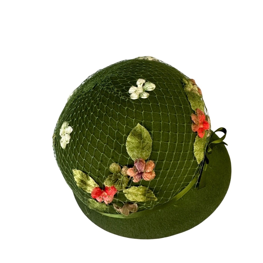 Vtg 50s Green Wool Felt Cloche Hat Floral Velvet Glenover Flapper Style JS - Picture 6 of 12